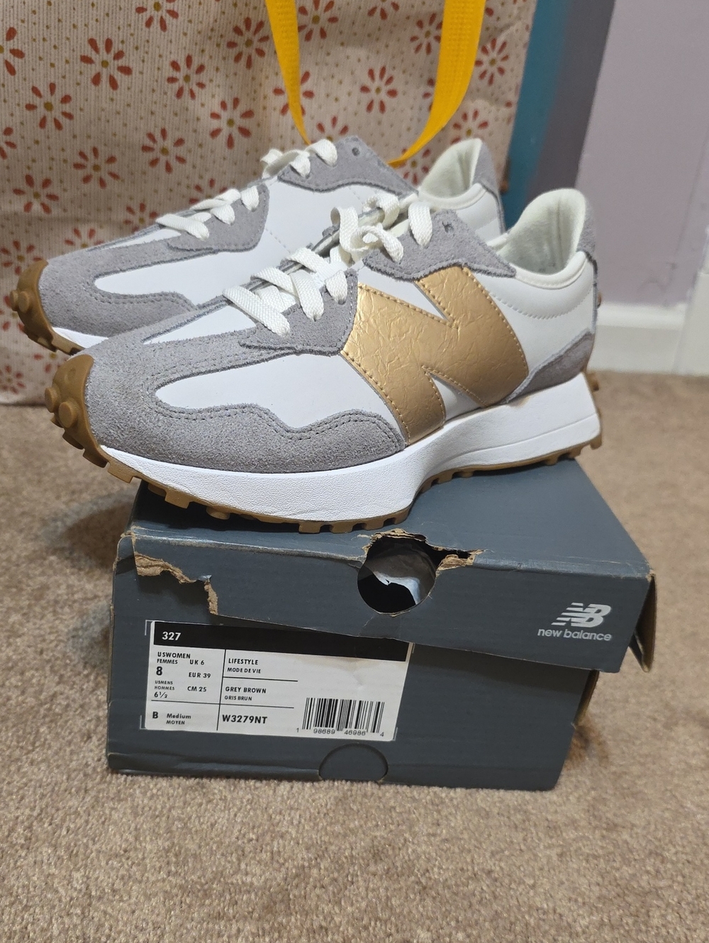 New Balance Women's 327 Sneakers in White, Gray & Gold
